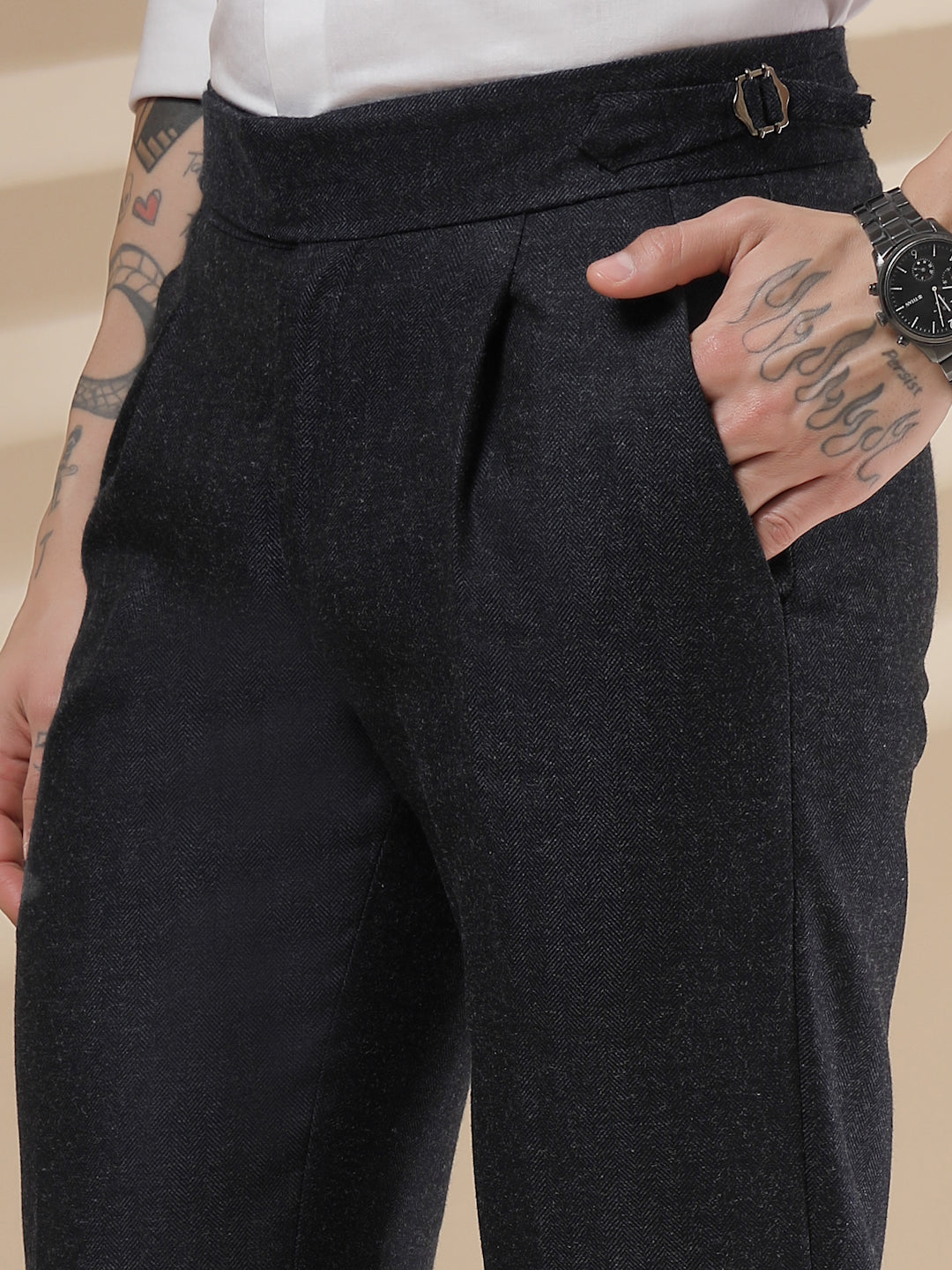 Navy Exotic Herringbone Gurkha Pants | Boot Cut Fit by ITALIAN VEGA®