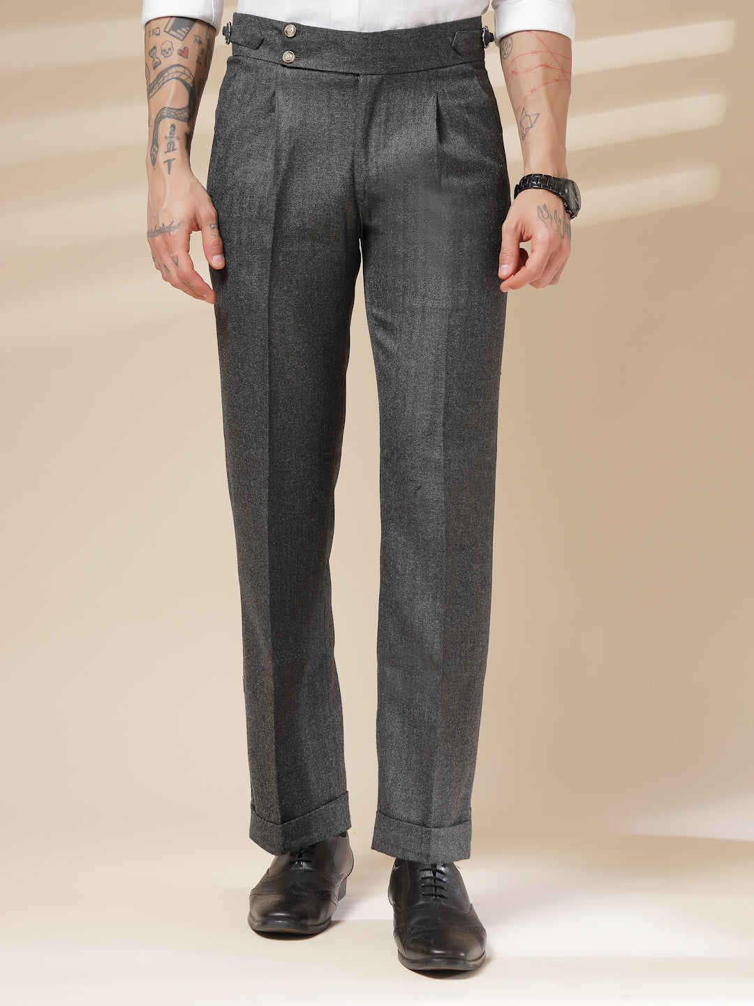 Grey Signature Buttoned Herringbone Gurkha Pants | Boot Cut Fit by ITALIAN VEGA®