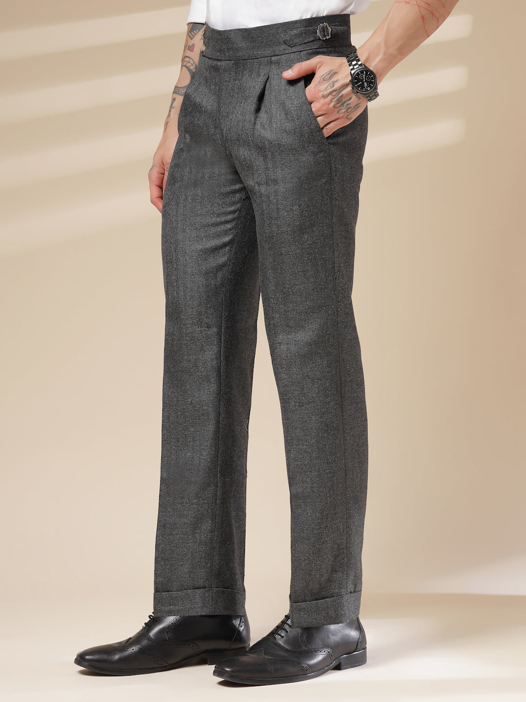 Grey Signature Buttoned Herringbone Gurkha Pants | Boot Cut Fit by ITALIAN VEGA®