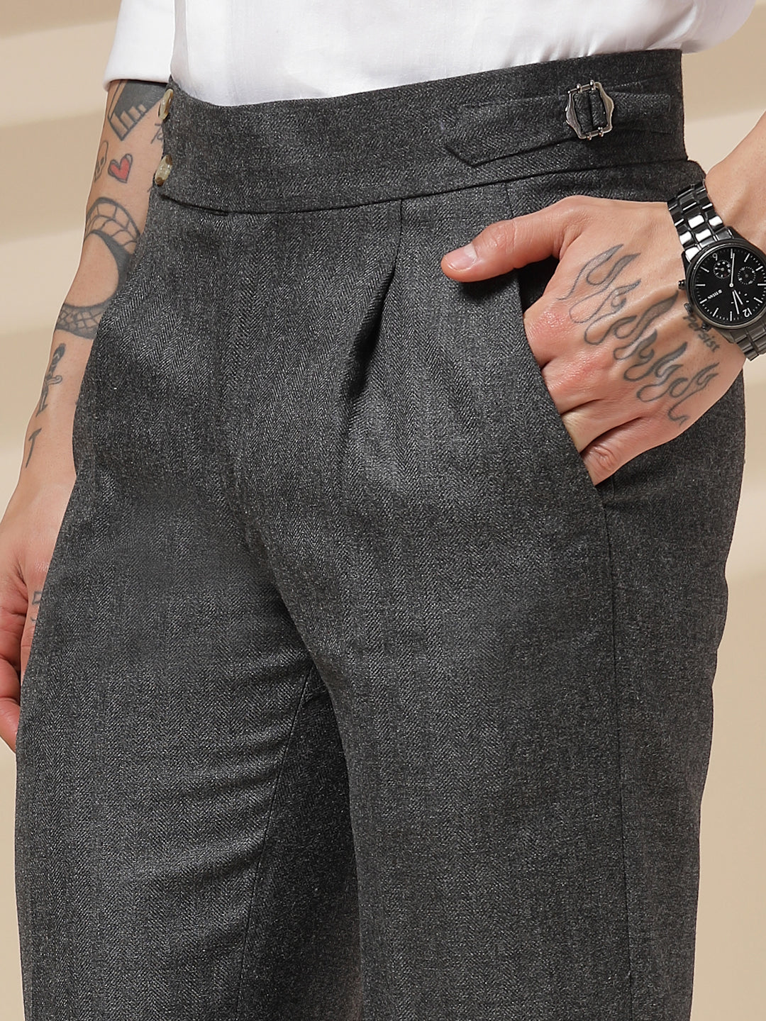 Grey Signature Buttoned Herringbone Gurkha Pants | Boot Cut Fit by ITALIAN VEGA®