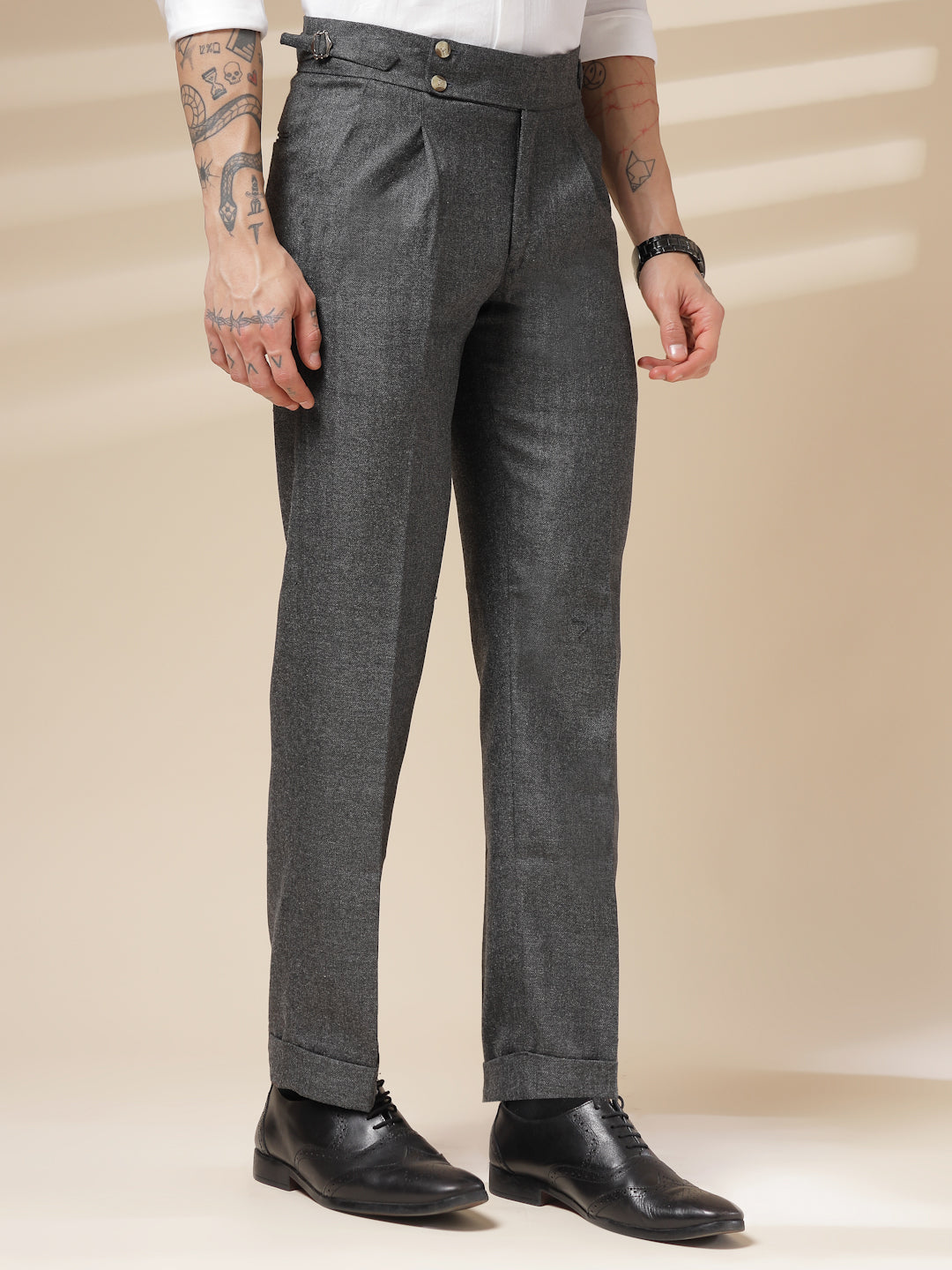 Grey Signature Buttoned Herringbone Gurkha Pants | Boot Cut Fit by ITALIAN VEGA®