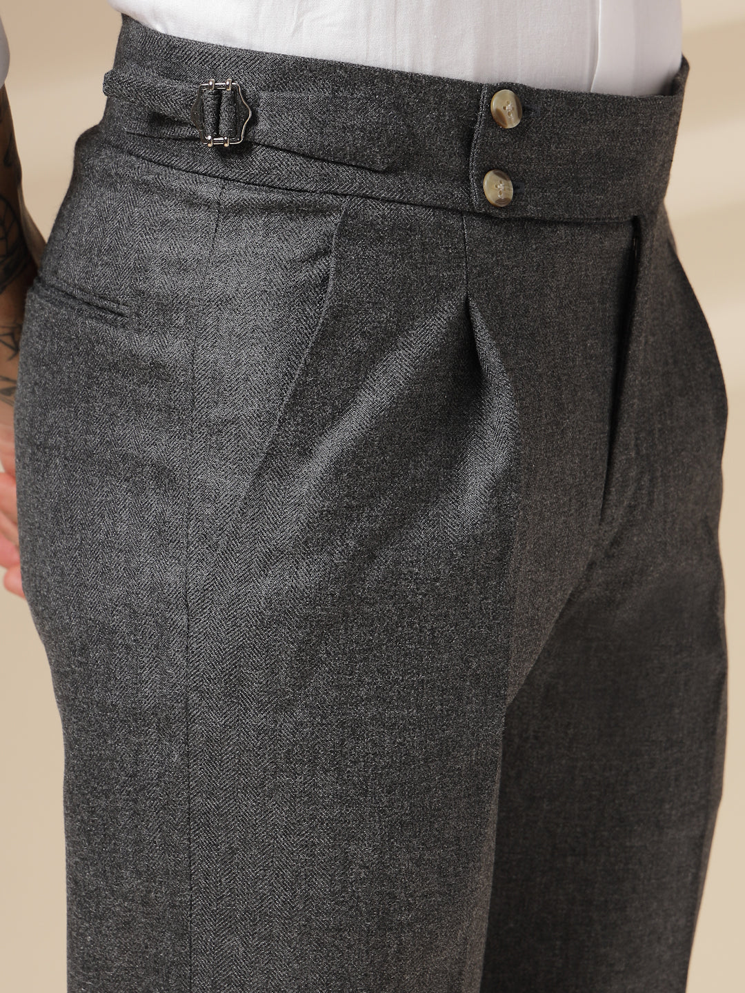 Grey Signature Buttoned Herringbone Gurkha Pants | Boot Cut Fit by ITALIAN VEGA®