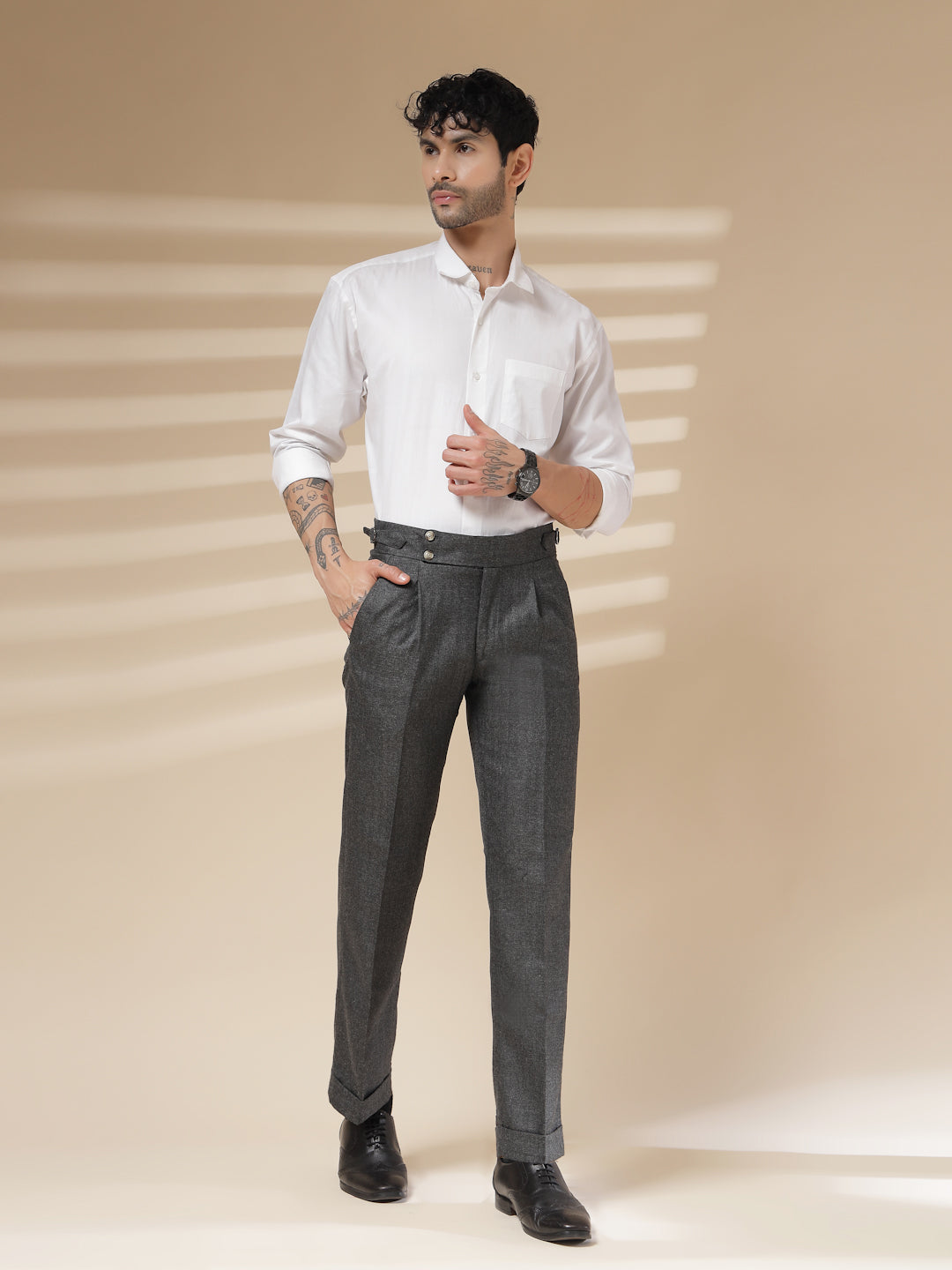 Grey Signature Buttoned Herringbone Gurkha Pants | Boot Cut Fit by ITALIAN VEGA®