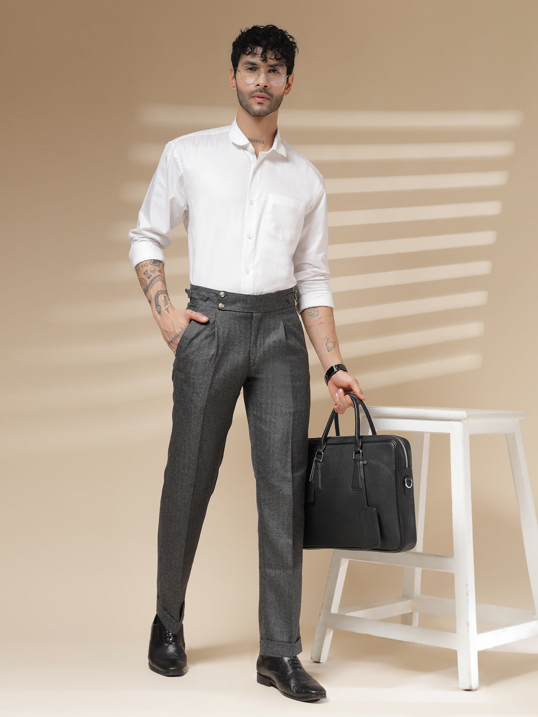Grey Signature Buttoned Herringbone Gurkha Pants | Boot Cut Fit by ITALIAN VEGA®