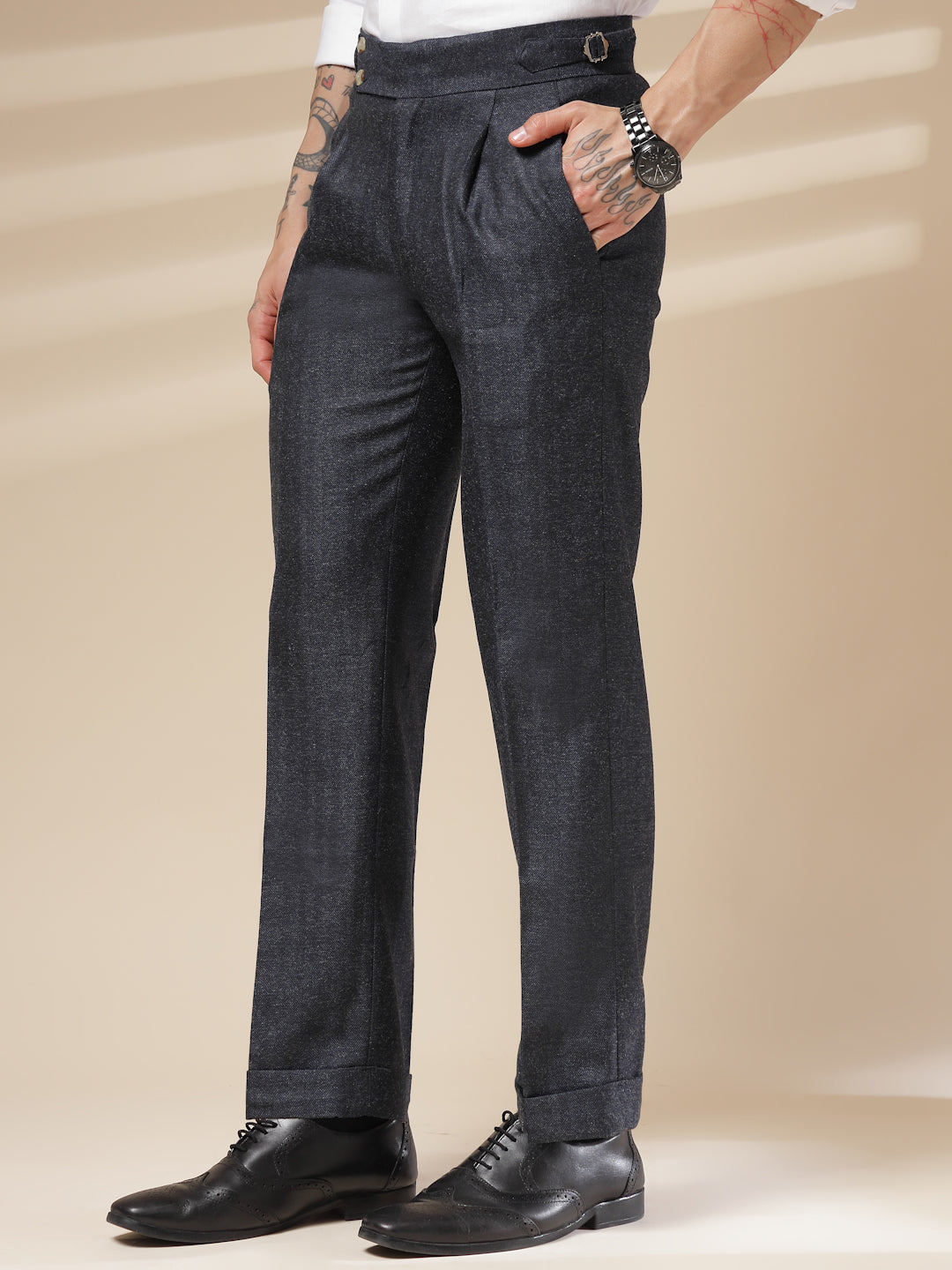 Navy Signature Buttoned Herringbone Gurkha Pants | Boot Cut Fit by ITALIAN VEGA®