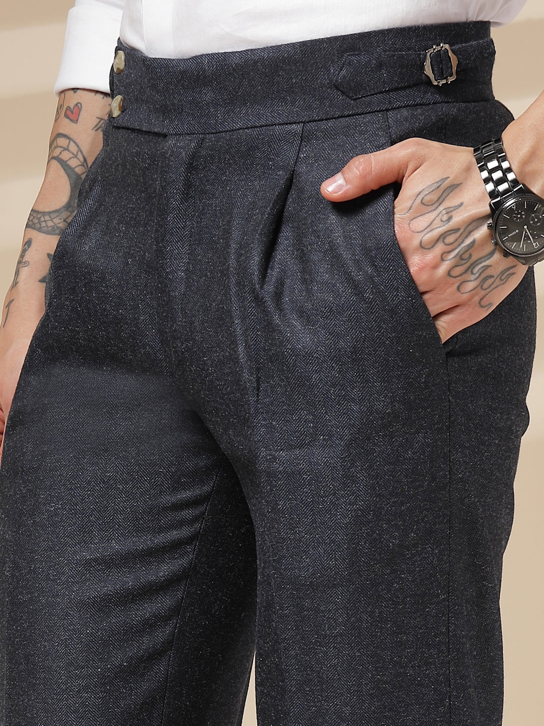 Navy Signature Buttoned Herringbone Gurkha Pants | Boot Cut Fit by ITALIAN VEGA®