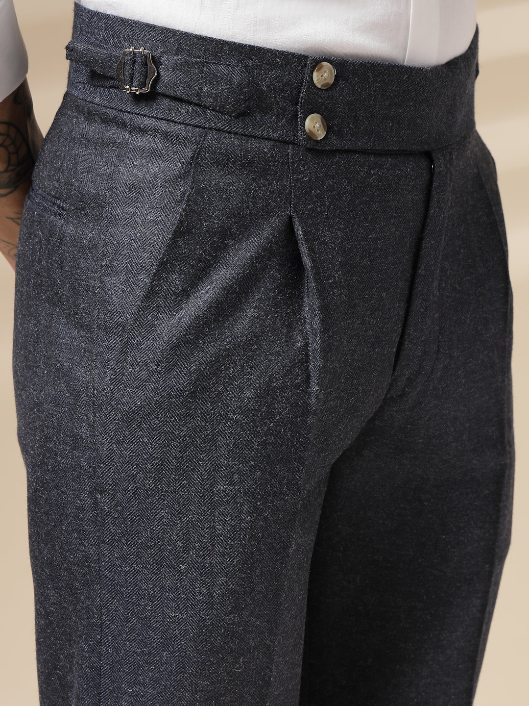 Navy Signature Buttoned Herringbone Gurkha Pants | Boot Cut Fit by ITALIAN VEGA®