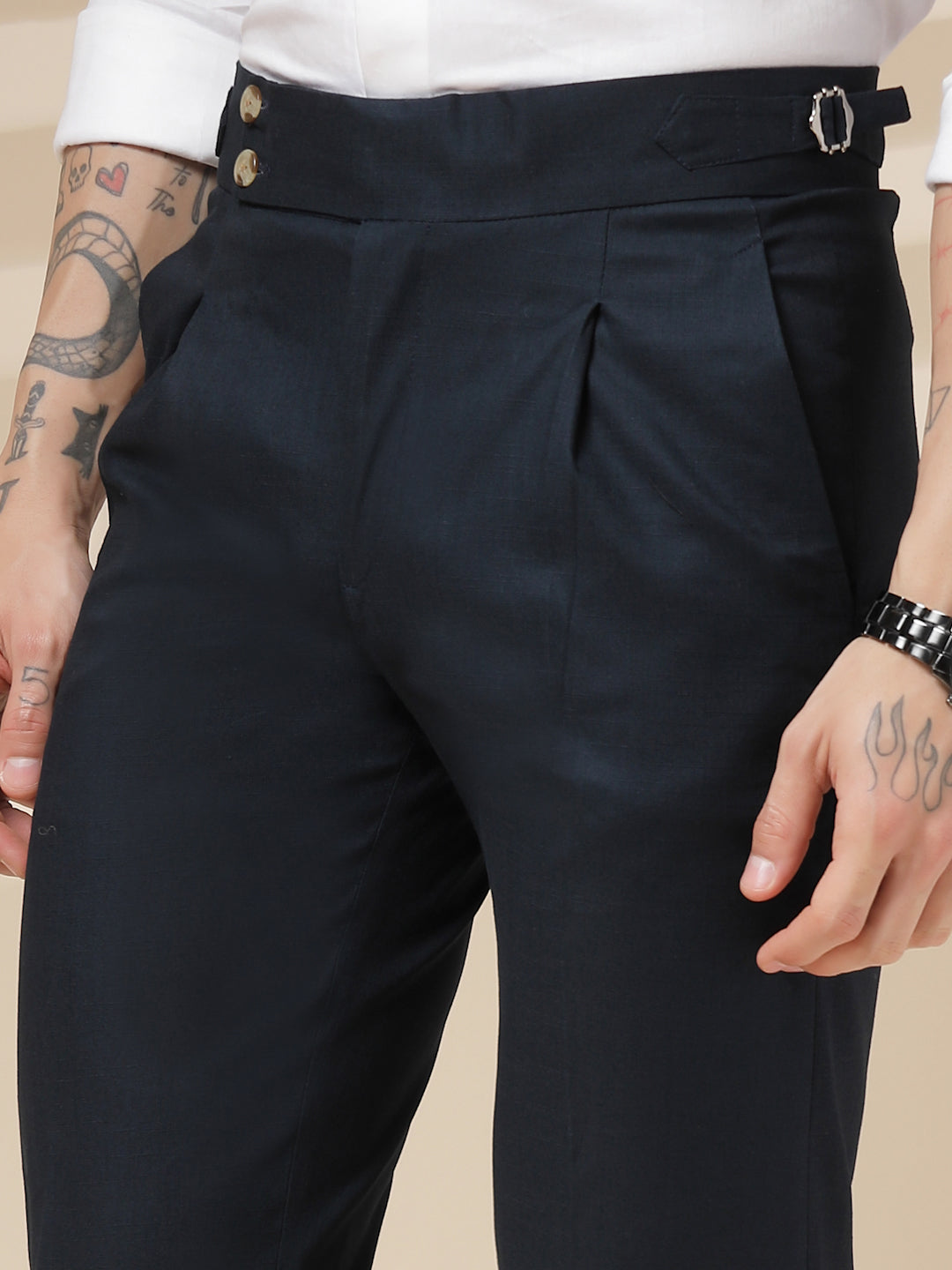 Navy Signature Buttoned Linen Gurkha Pants | Boot Cut Fit by ITALIAN VEGA®