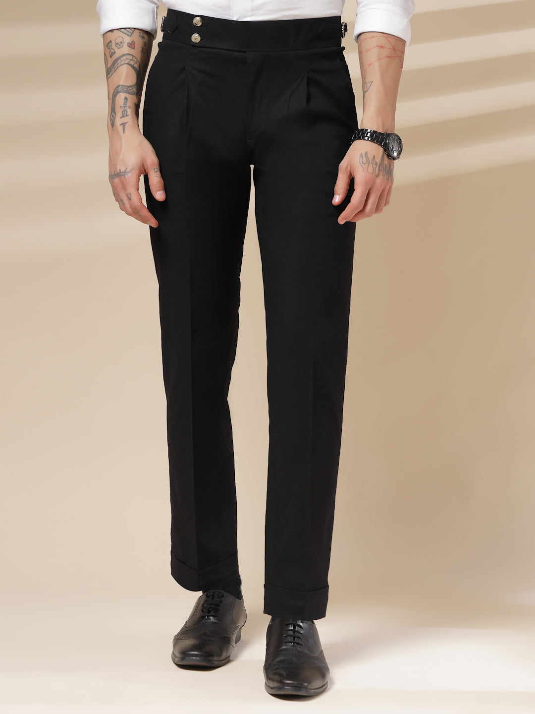 Black Signature Buttoned Linen Gurkha Pants | Boot Cut Fit by ITALIAN VEGA®