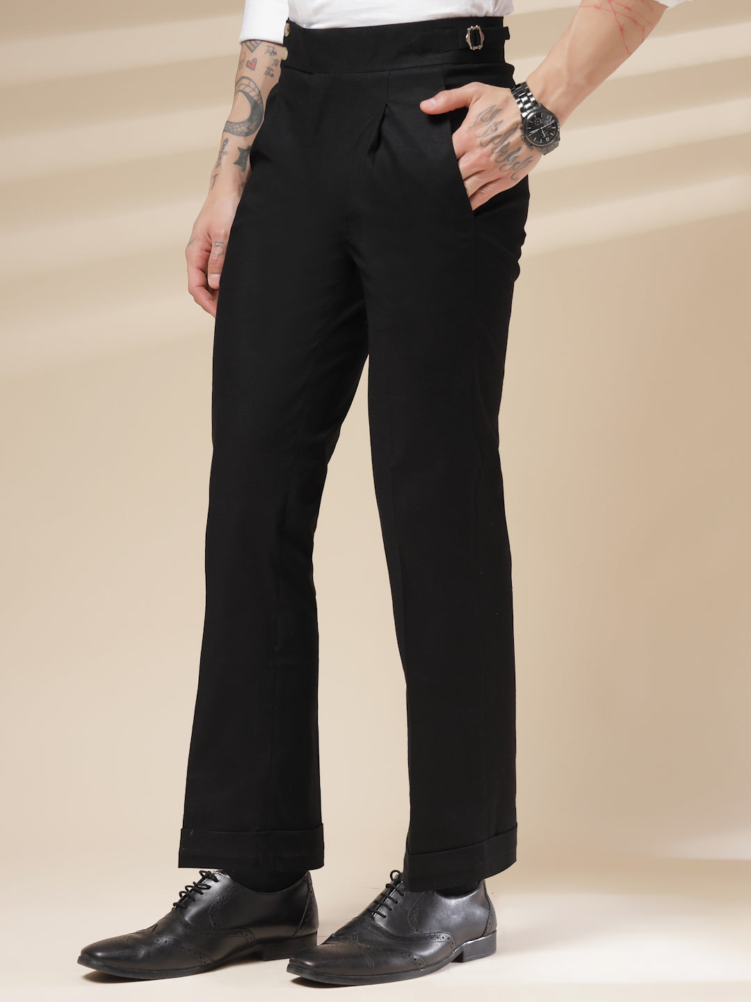 Black Signature Buttoned Linen Gurkha Pants | Boot Cut Fit by ITALIAN VEGA®