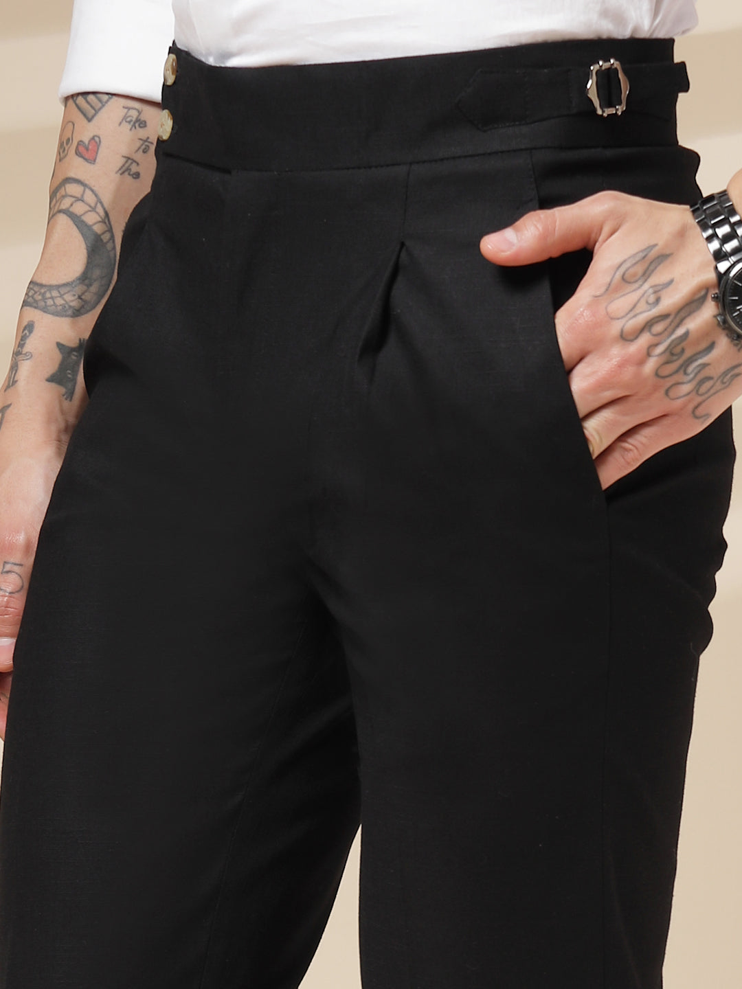 Black Signature Buttoned Linen Gurkha Pants | Boot Cut Fit by ITALIAN VEGA®