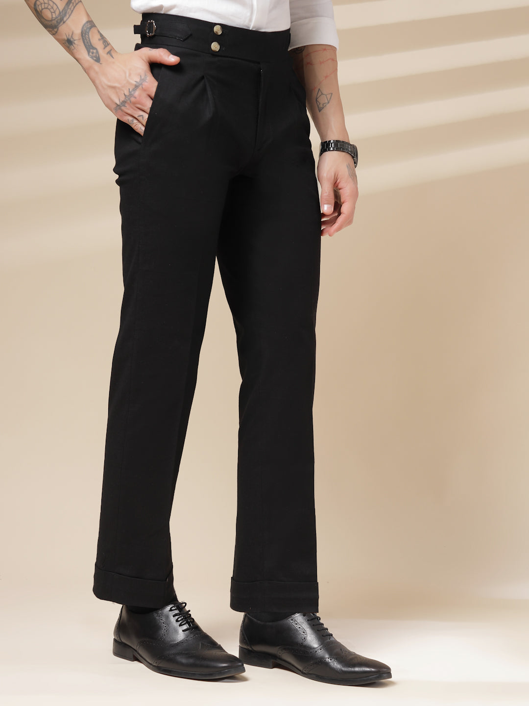 Black Signature Buttoned Linen Gurkha Pants | Boot Cut Fit by ITALIAN VEGA®
