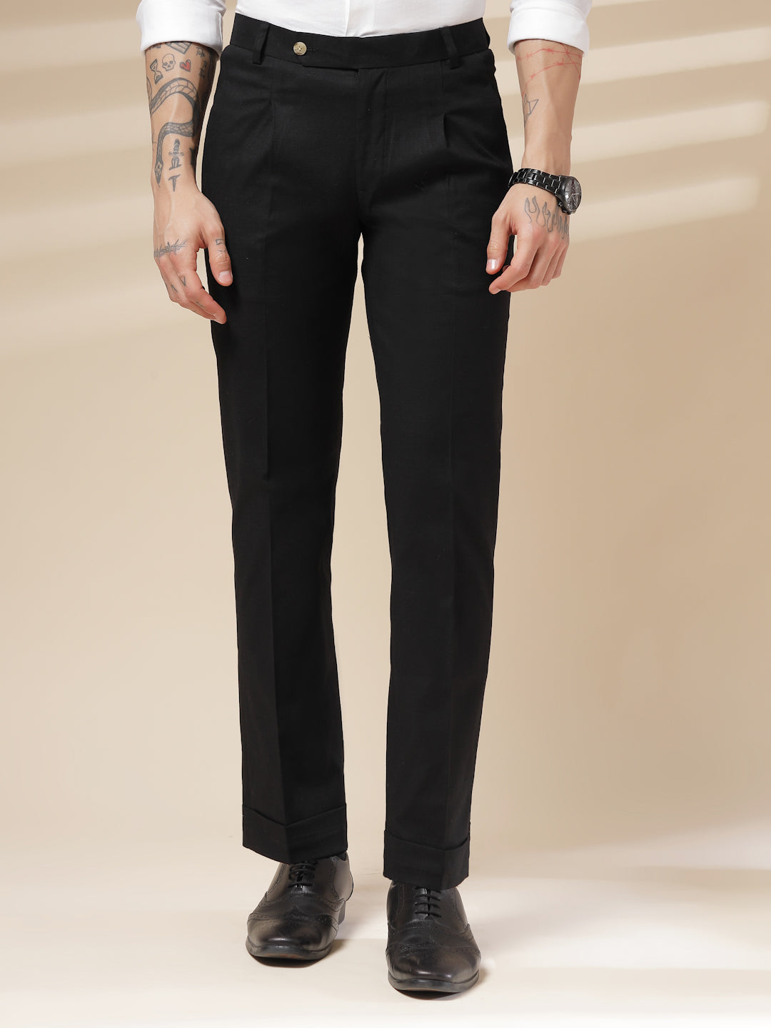 Black Formal Pleated Linen Gurkha Pants | Boot Cut Fit by ITALIAN VEGA®