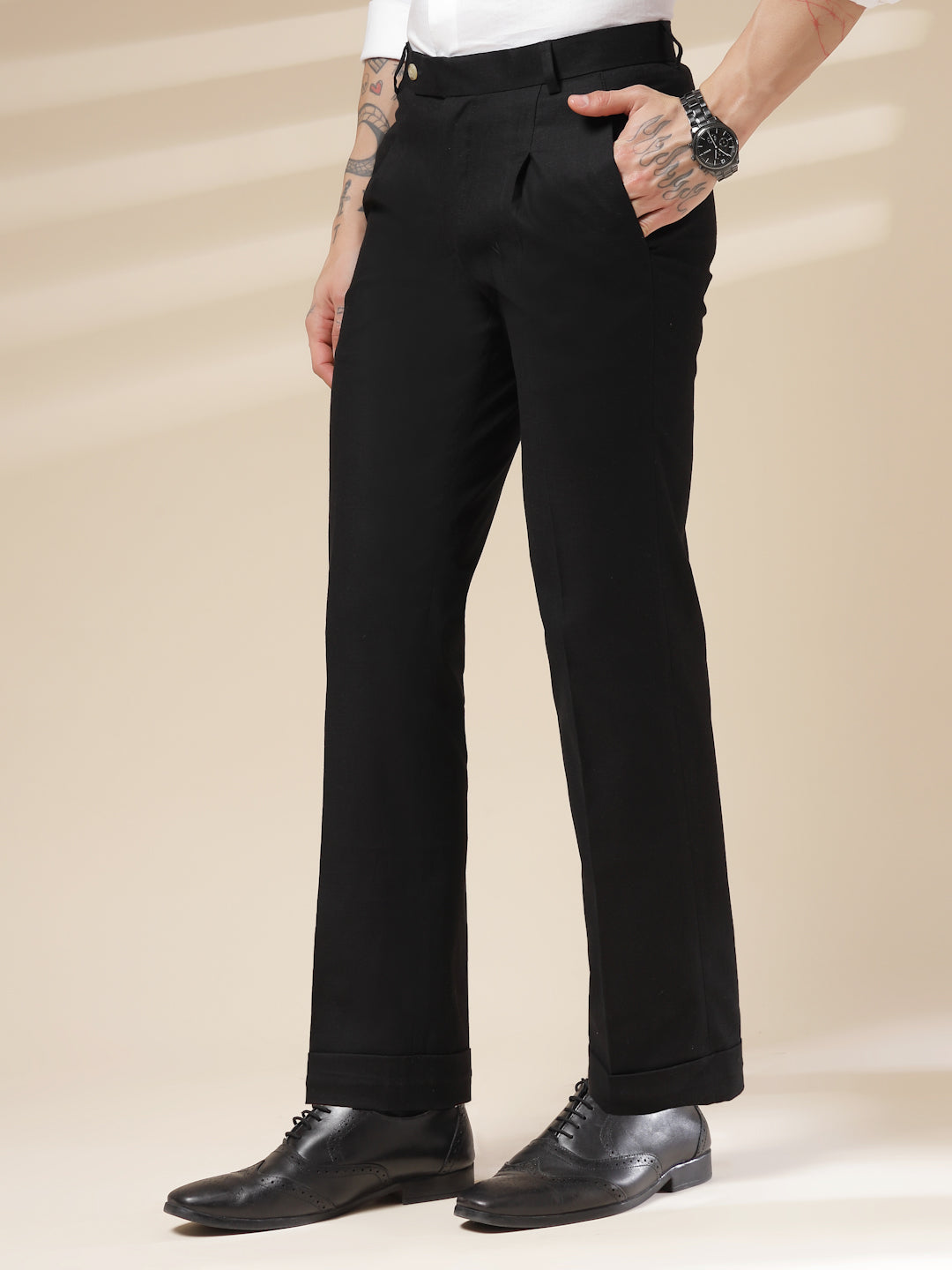 Black Formal Pleated Linen Gurkha Pants | Boot Cut Fit by ITALIAN VEGA®