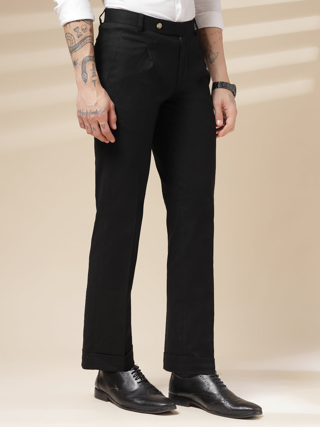 Black Formal Pleated Linen Gurkha Pants | Boot Cut Fit by ITALIAN VEGA®