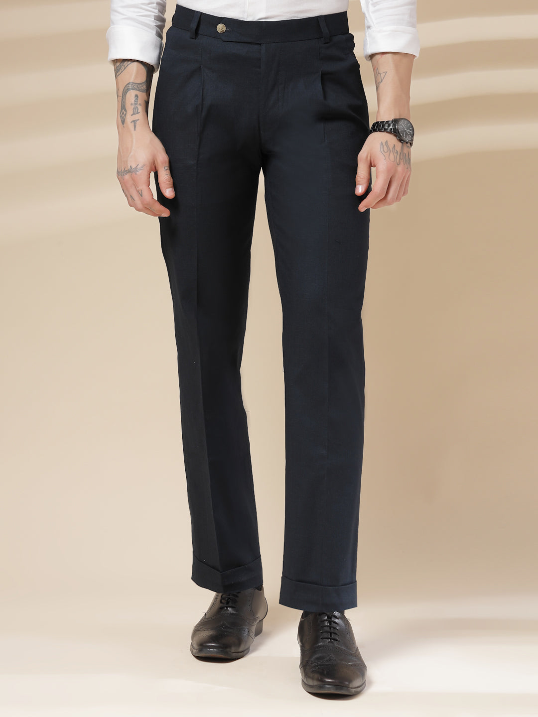 Navy Formal Pleated Linen Gurkha Pants | Boot Cut Fit by ITALIAN VEGA®