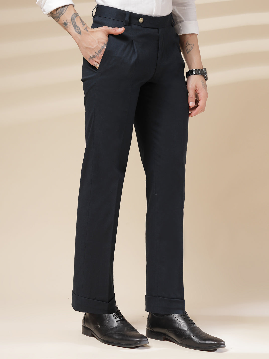 Navy Formal Pleated Linen Gurkha Pants | Boot Cut Fit by ITALIAN VEGA®