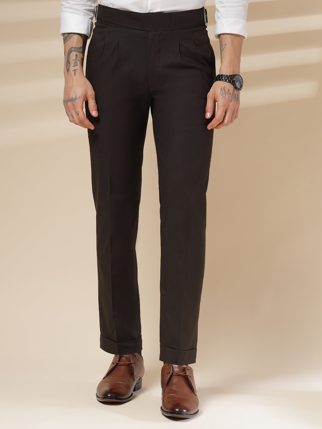 Brown Linen Classic Buckle Gurkha Pants – Boot Cut Fit by ITALIAN VEGA®