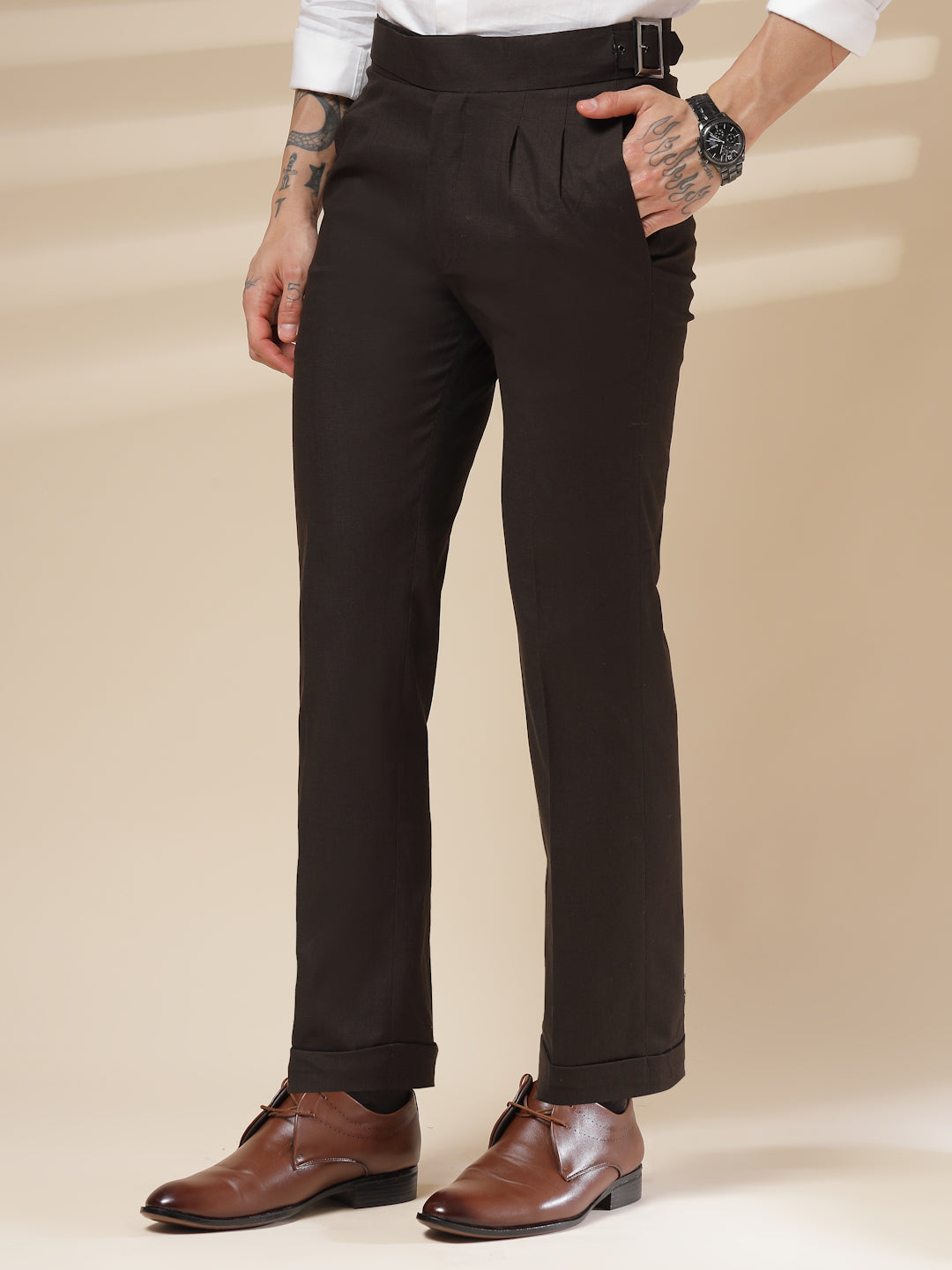 Brown Linen Classic Buckle Gurkha Pants – Boot Cut Fit by ITALIAN VEGA®