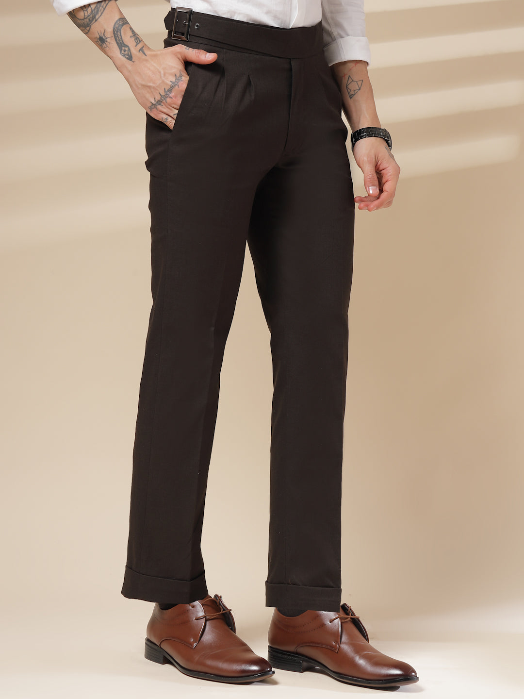 Brown Linen Classic Buckle Gurkha Pants – Boot Cut Fit by ITALIAN VEGA®