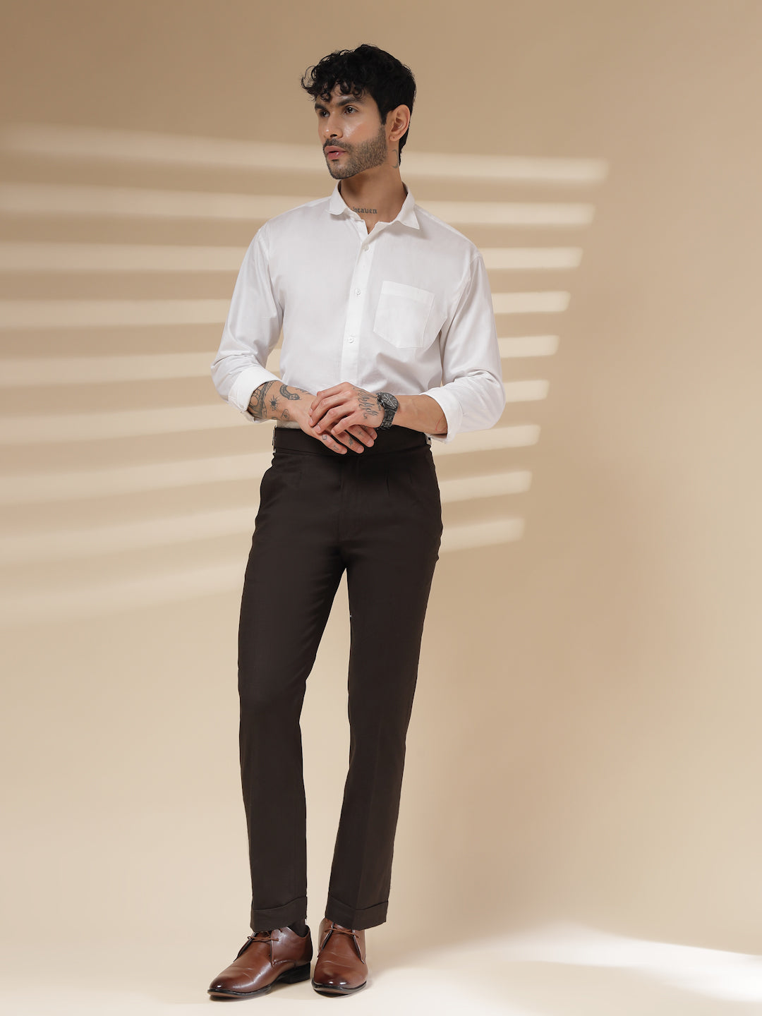 Brown Linen Classic Buckle Gurkha Pants – Boot Cut Fit by ITALIAN VEGA®