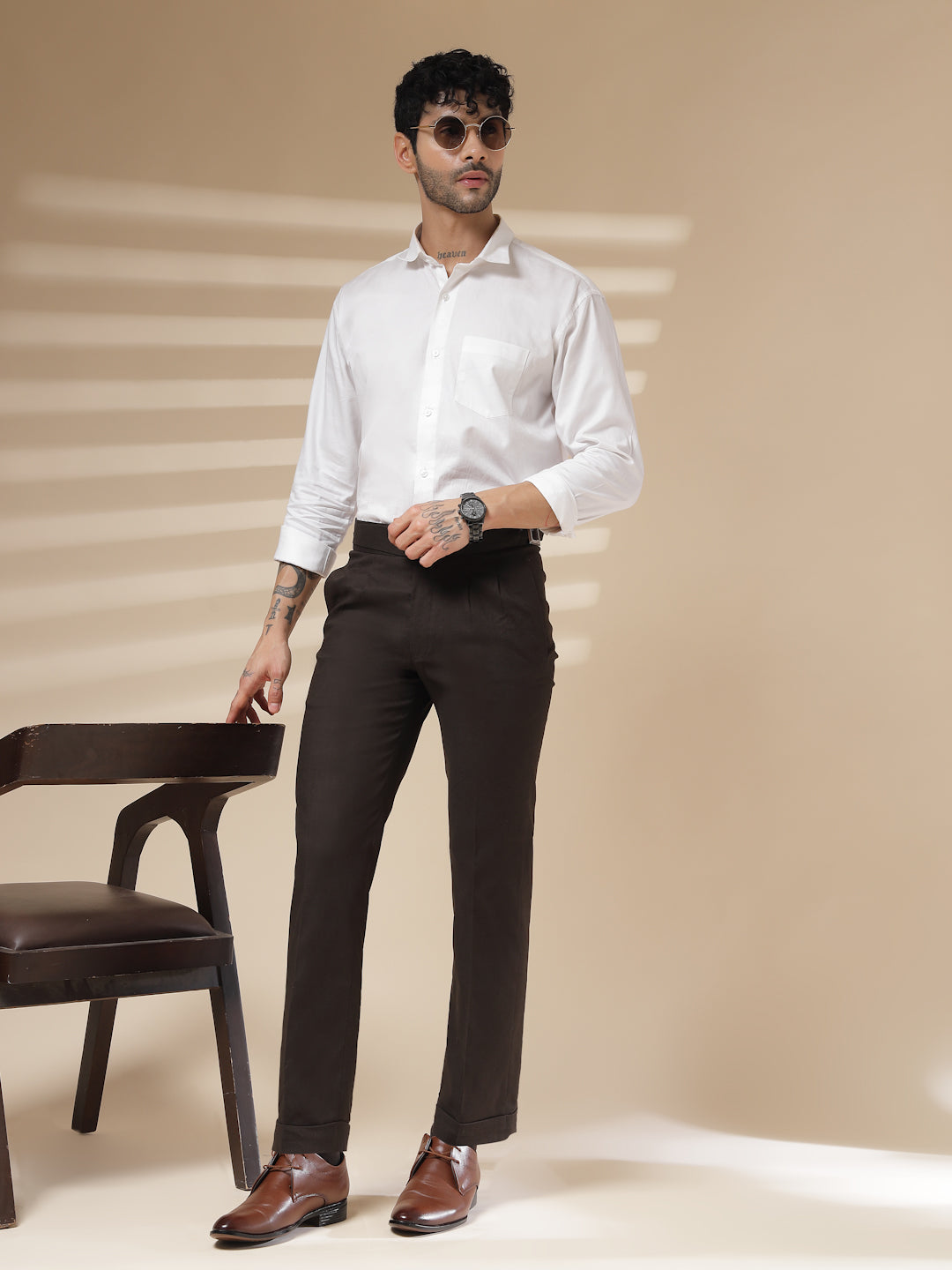 Brown Linen Classic Buckle Gurkha Pants – Boot Cut Fit by ITALIAN VEGA®