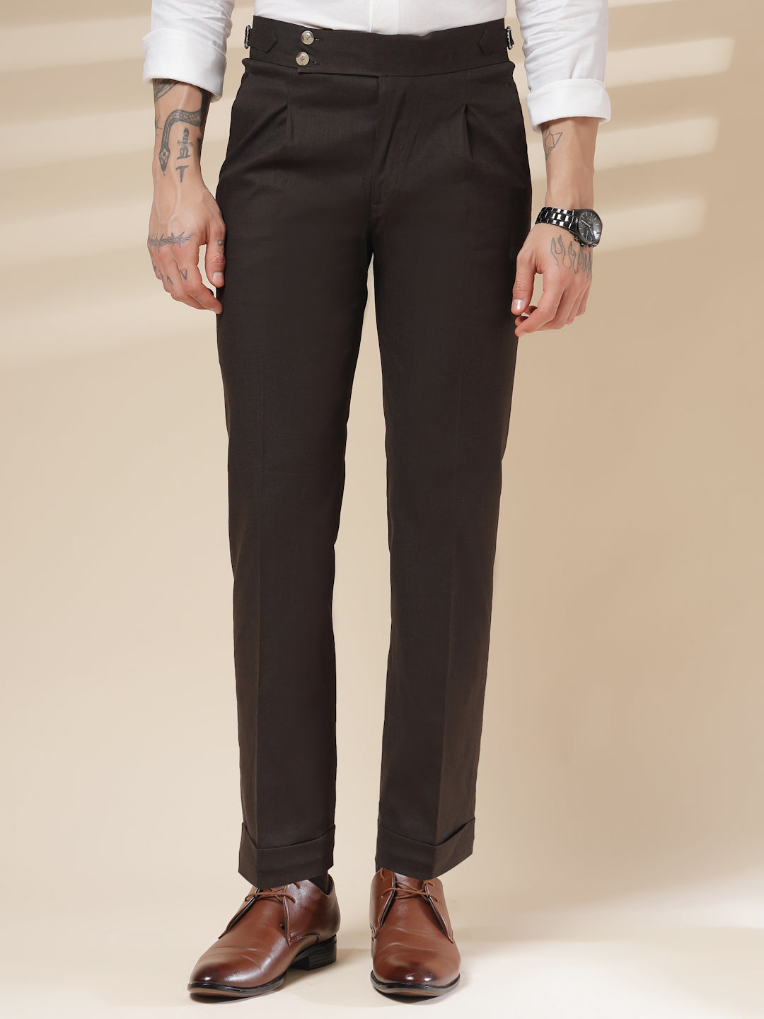 Brown Signature Buttoned Linen Gurkha Pants | Boot Cut Fit by ITALIAN VEGA®