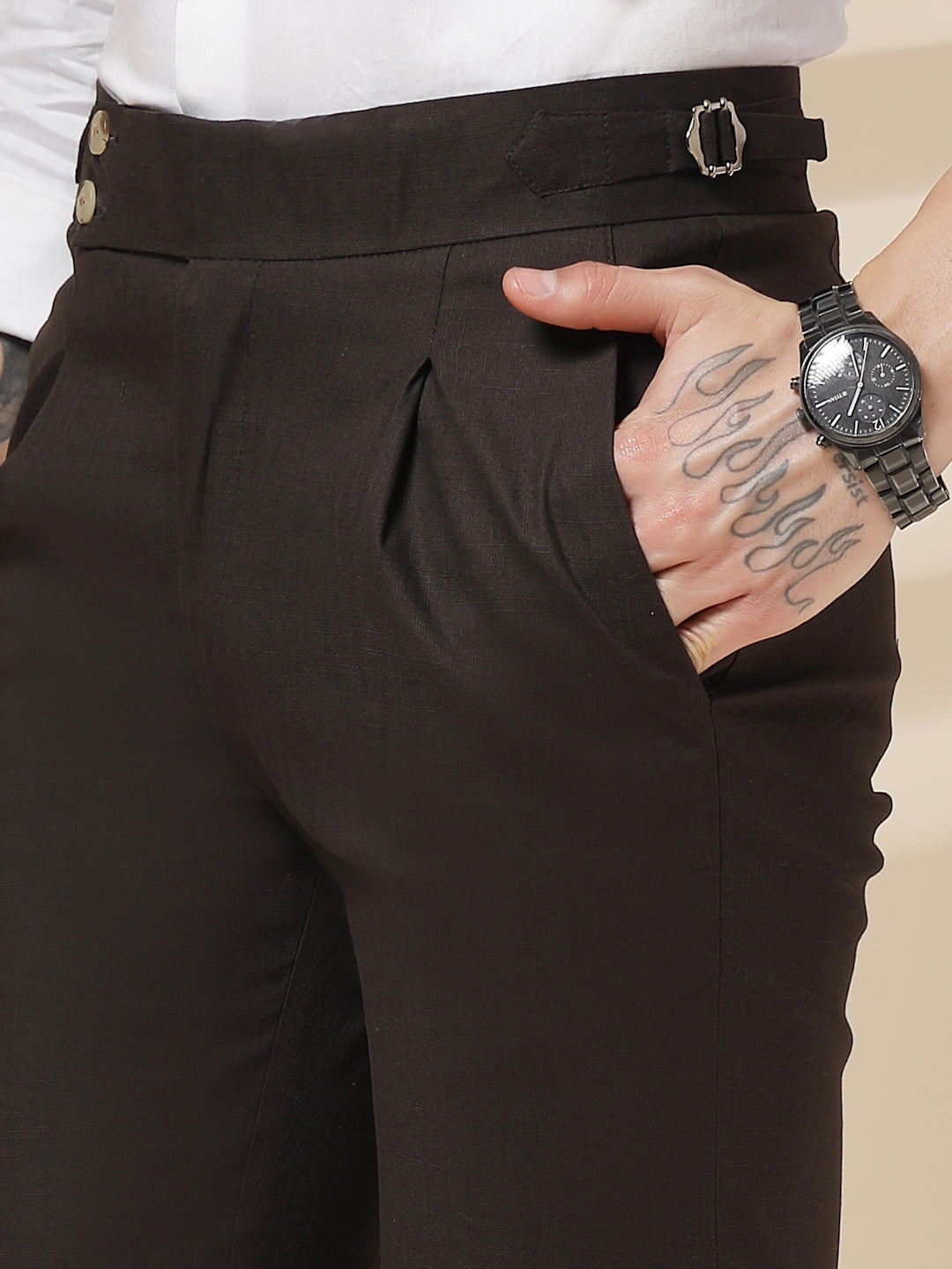 Brown Signature Buttoned Linen Gurkha Pants | Boot Cut Fit by ITALIAN VEGA®