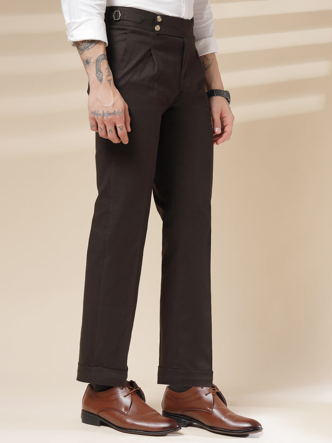 Brown Signature Buttoned Linen Gurkha Pants | Boot Cut Fit by ITALIAN VEGA®