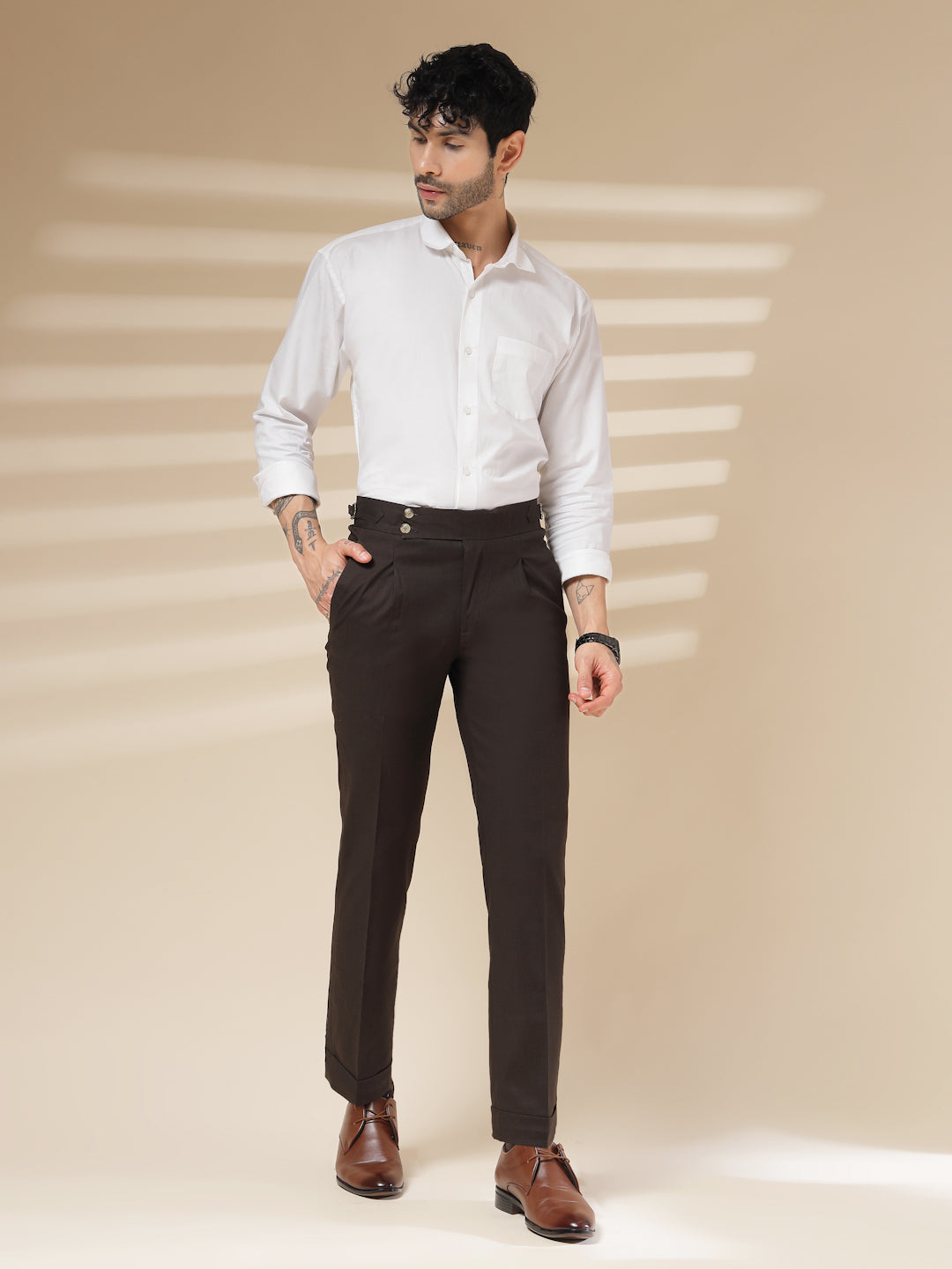 Brown Signature Buttoned Linen Gurkha Pants | Boot Cut Fit by ITALIAN VEGA®