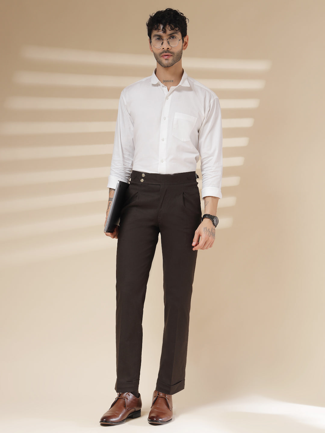 Brown Signature Buttoned Linen Gurkha Pants | Boot Cut Fit by ITALIAN VEGA®
