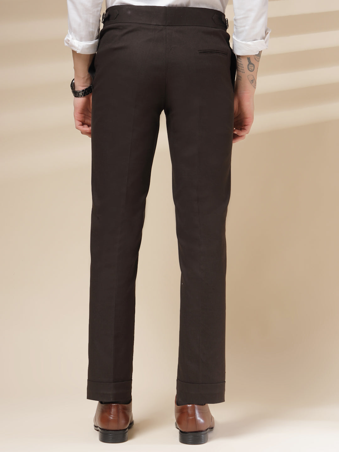 Brown Signature Buttoned Linen Gurkha Pants | Boot Cut Fit by ITALIAN VEGA®
