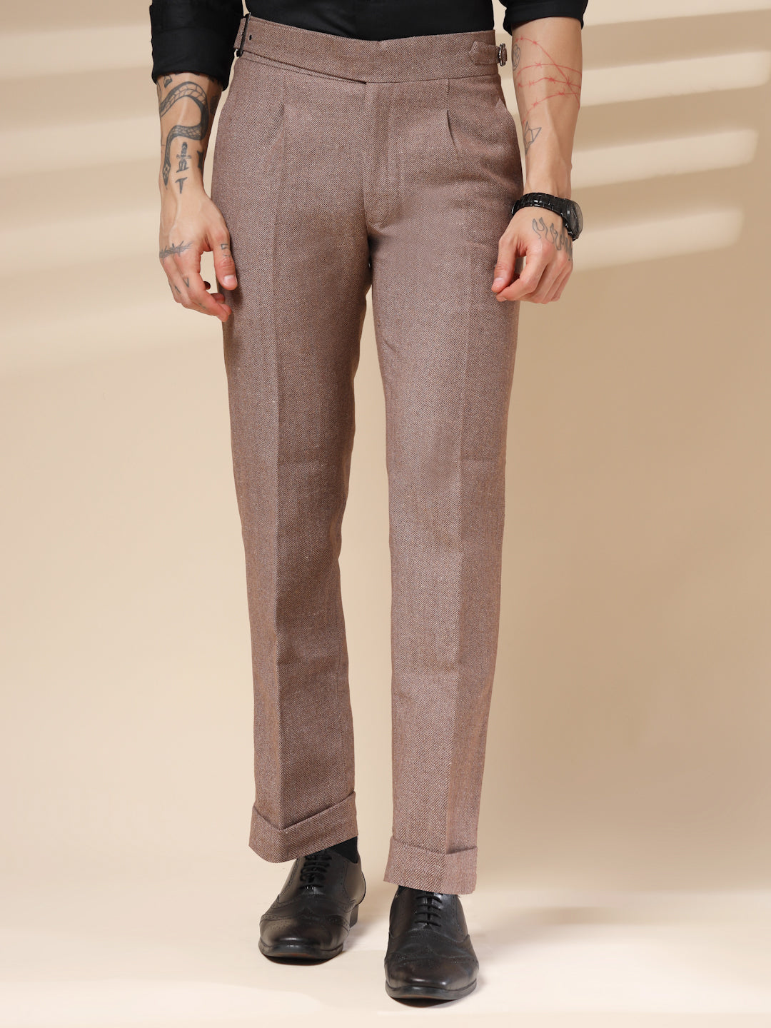 Khakhi Exotic Herringbone Gurkha Pants | Boot Cut Fit by ITALIAN VEGA®