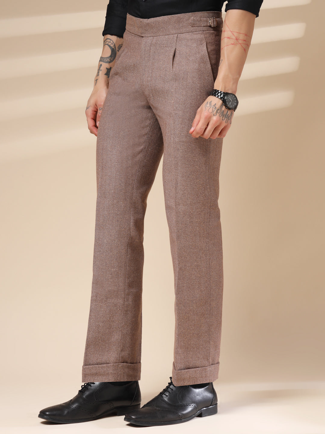 Khakhi Exotic Herringbone Gurkha Pants | Boot Cut Fit by ITALIAN VEGA®