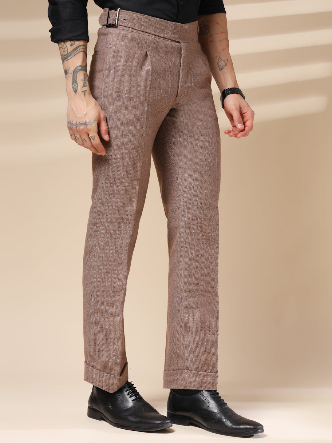 Khakhi Exotic Herringbone Gurkha Pants | Boot Cut Fit by ITALIAN VEGA®