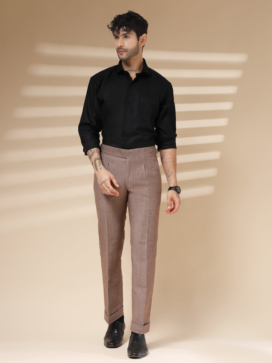 Khakhi Exotic Herringbone Gurkha Pants | Boot Cut Fit by ITALIAN VEGA®