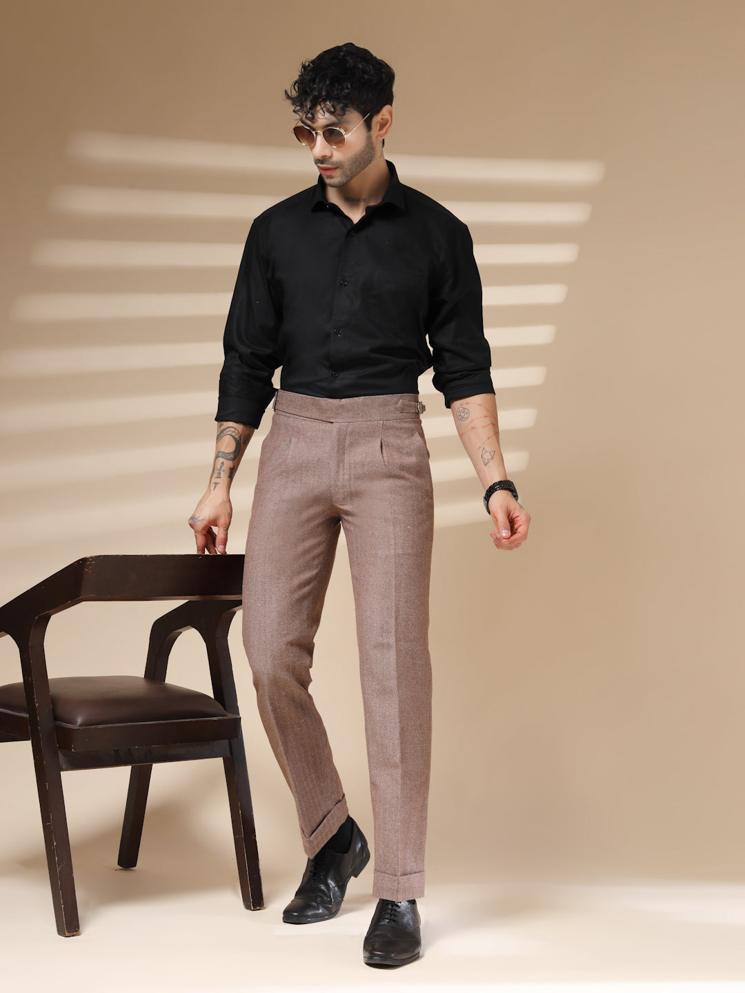Khakhi Exotic Herringbone Gurkha Pants | Boot Cut Fit by ITALIAN VEGA®