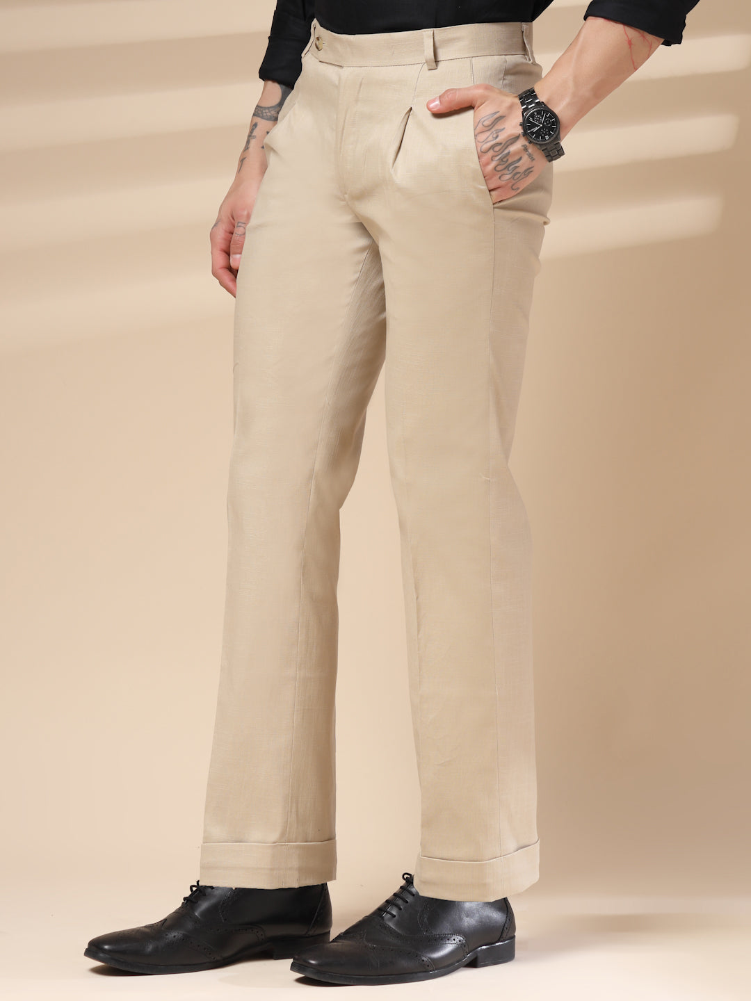 Beige Formal Pleated Linen Gurkha Pants | Boot Cut Fit by ITALIAN VEGA®