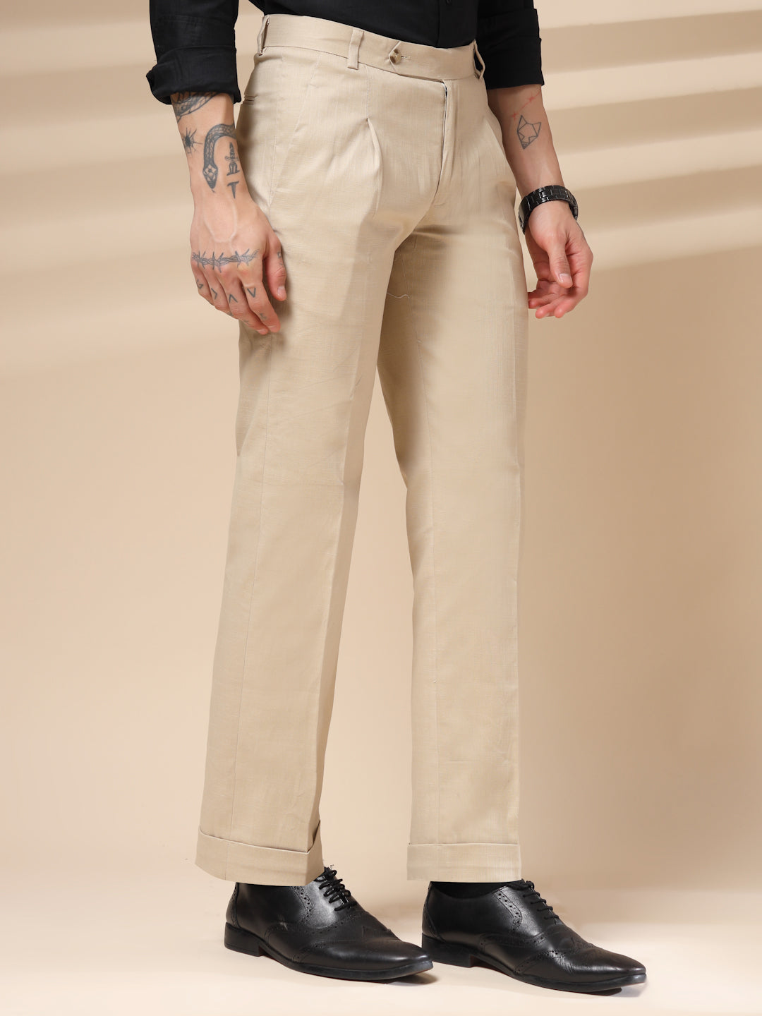 Beige Formal Pleated Linen Gurkha Pants | Boot Cut Fit by ITALIAN VEGA®