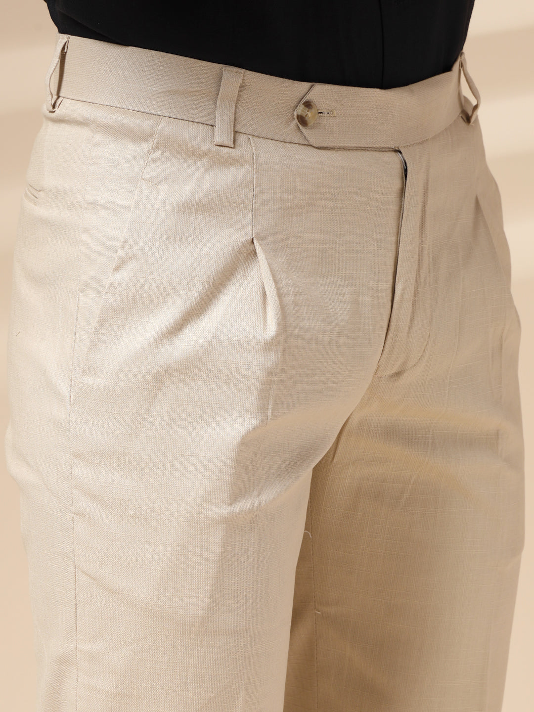 Beige Formal Pleated Linen Gurkha Pants | Boot Cut Fit by ITALIAN VEGA®