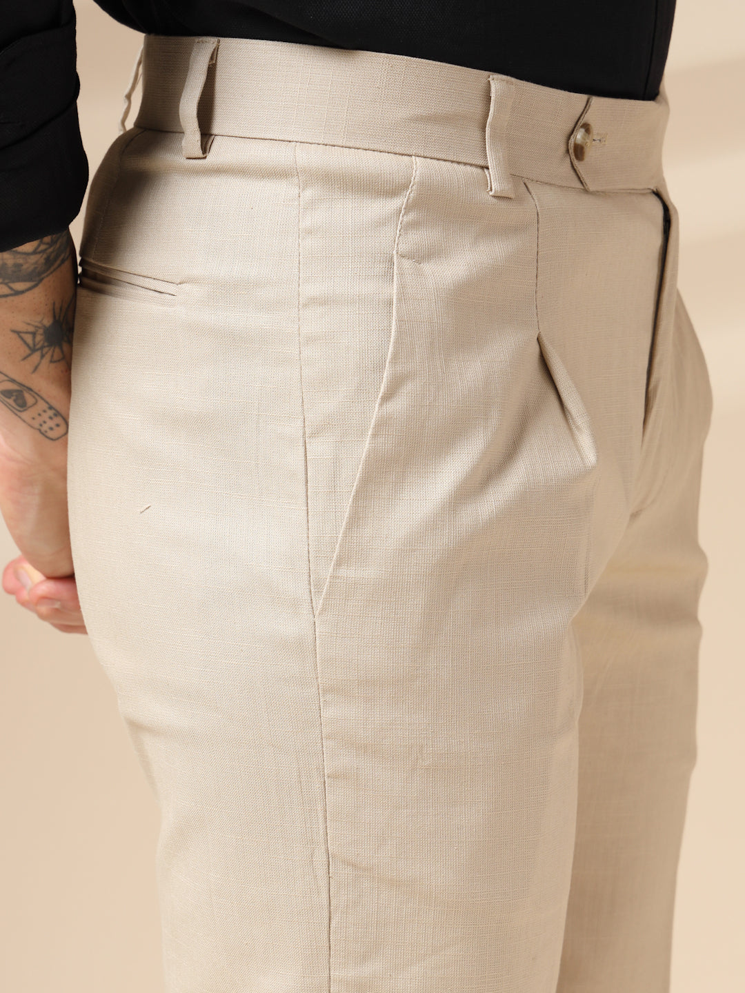 Beige Formal Pleated Linen Gurkha Pants | Boot Cut Fit by ITALIAN VEGA®