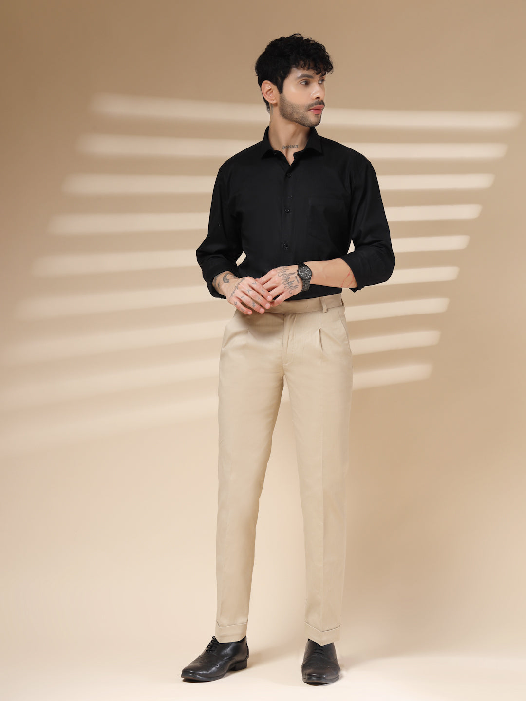 Beige Formal Pleated Linen Gurkha Pants | Boot Cut Fit by ITALIAN VEGA®