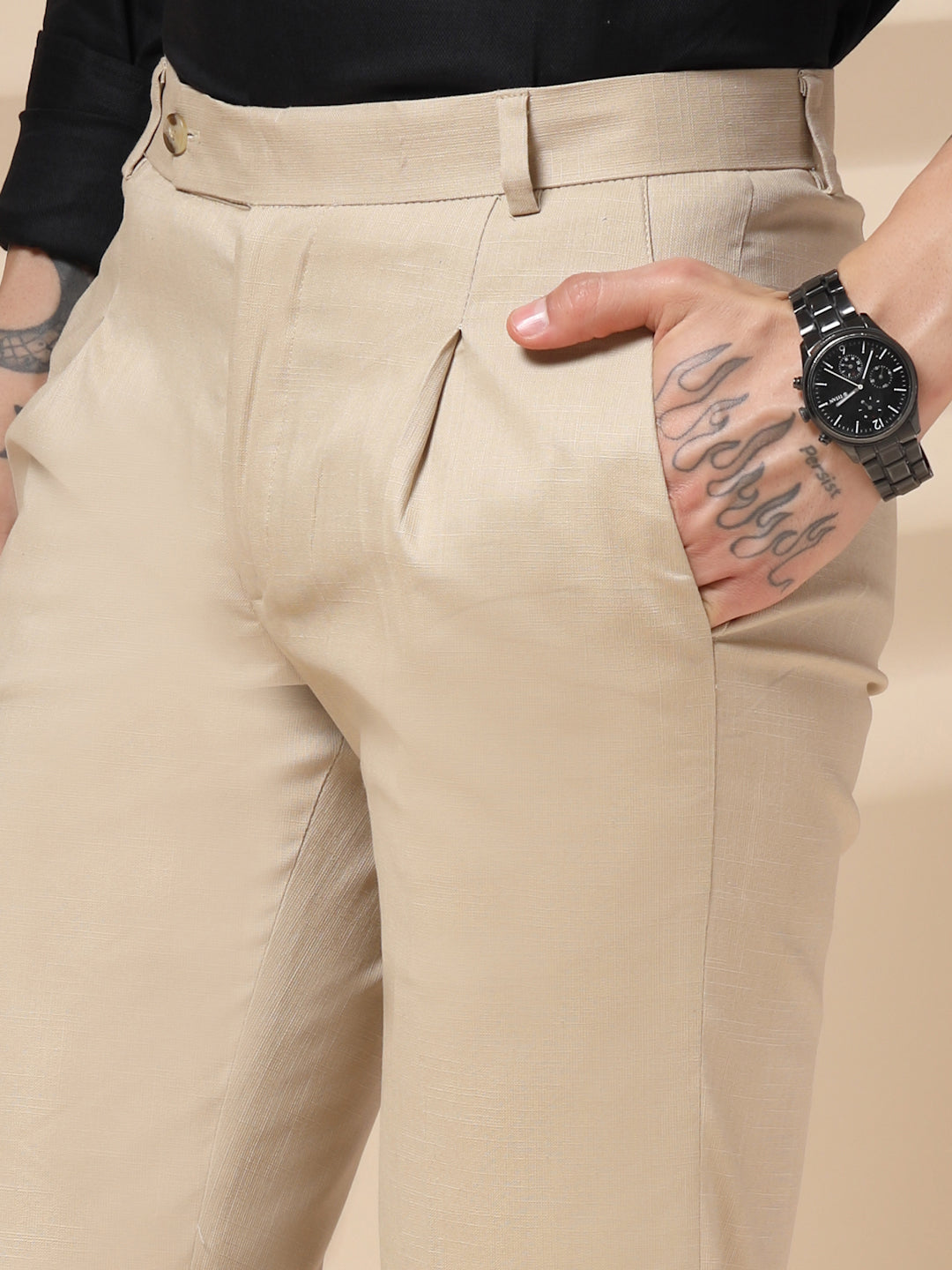 Beige Formal Pleated Linen Gurkha Pants | Boot Cut Fit by ITALIAN VEGA®