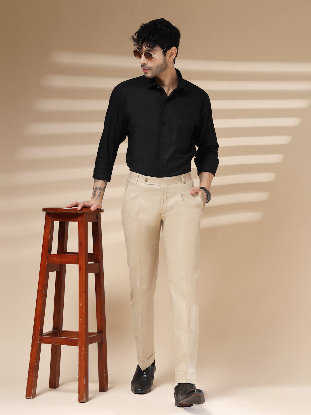 Beige Formal Pleated Linen Gurkha Pants | Boot Cut Fit by ITALIAN VEGA®