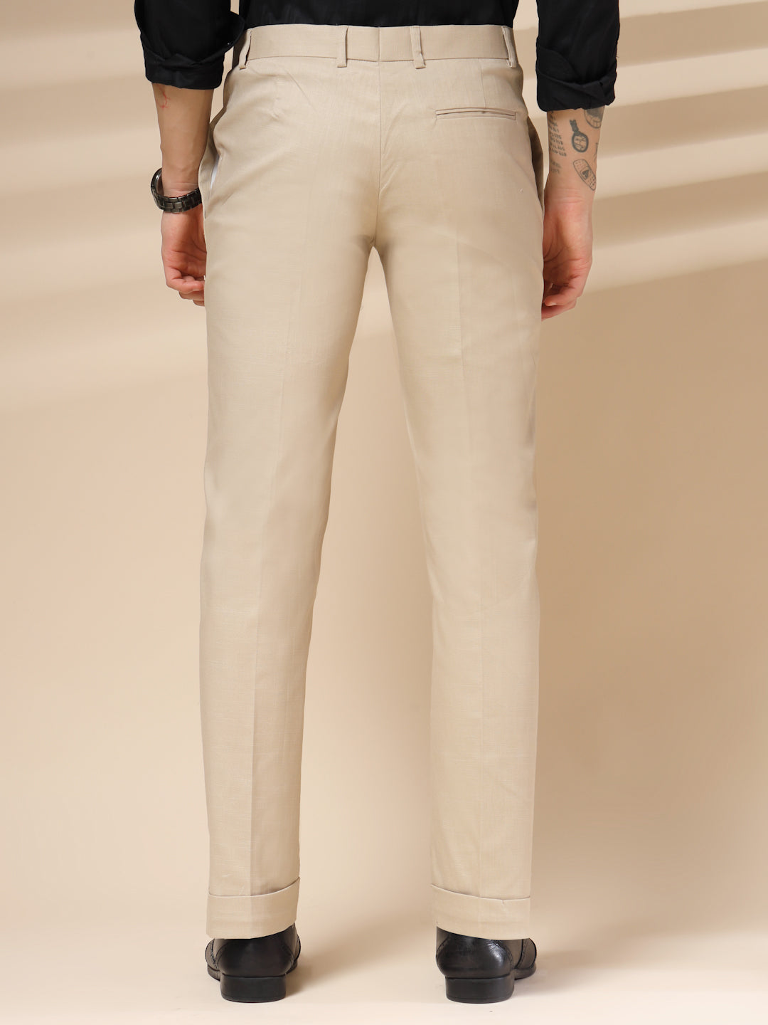 Beige Formal Pleated Linen Gurkha Pants | Boot Cut Fit by ITALIAN VEGA®