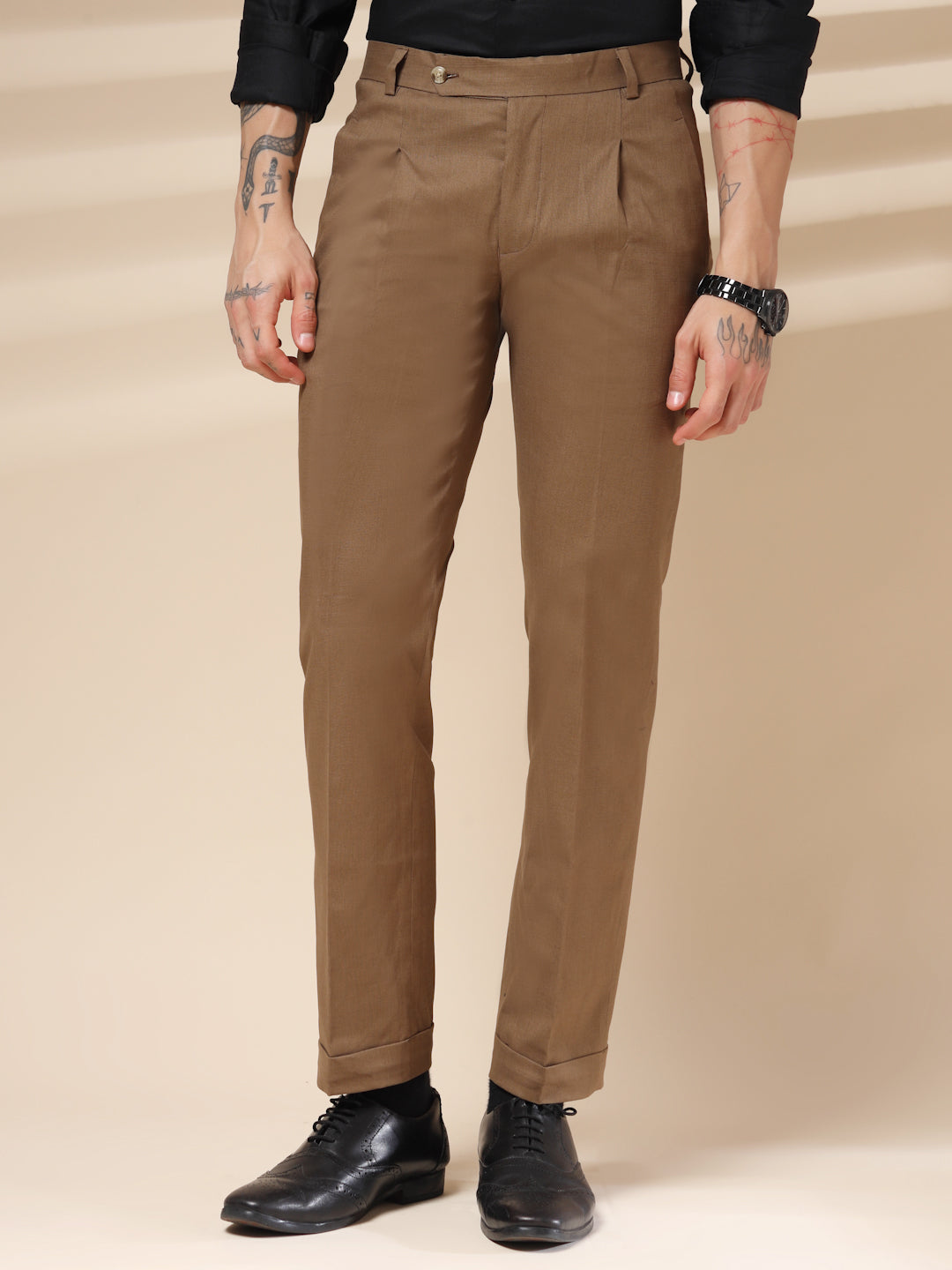 Khakhi Formal Pleated Linen Gurkha Pants | Boot Cut Fit by ITALIAN VEGA®