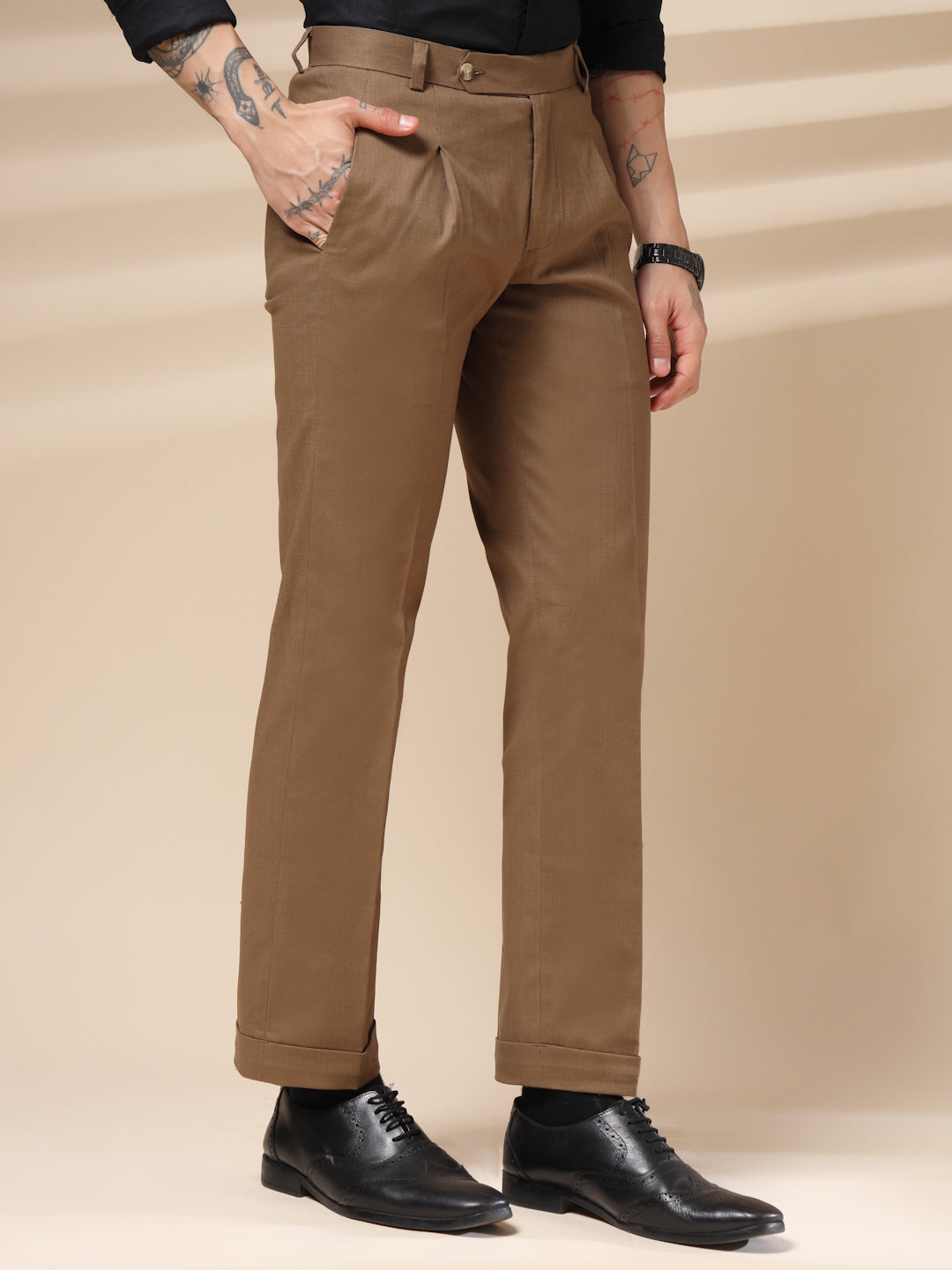 Khakhi Formal Pleated Linen Gurkha Pants | Boot Cut Fit by ITALIAN VEGA®