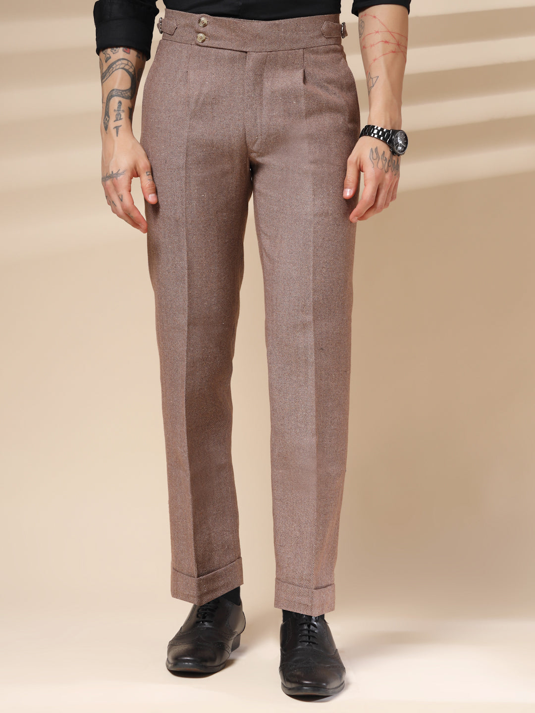 Khakhi Signature Buttoned Herringbone Gurkha Pants | Boot Cut Fit by ITALIAN VEGA®