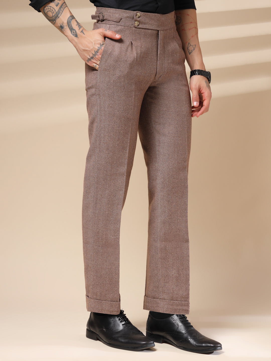 Khakhi Signature Buttoned Herringbone Gurkha Pants | Boot Cut Fit by ITALIAN VEGA®