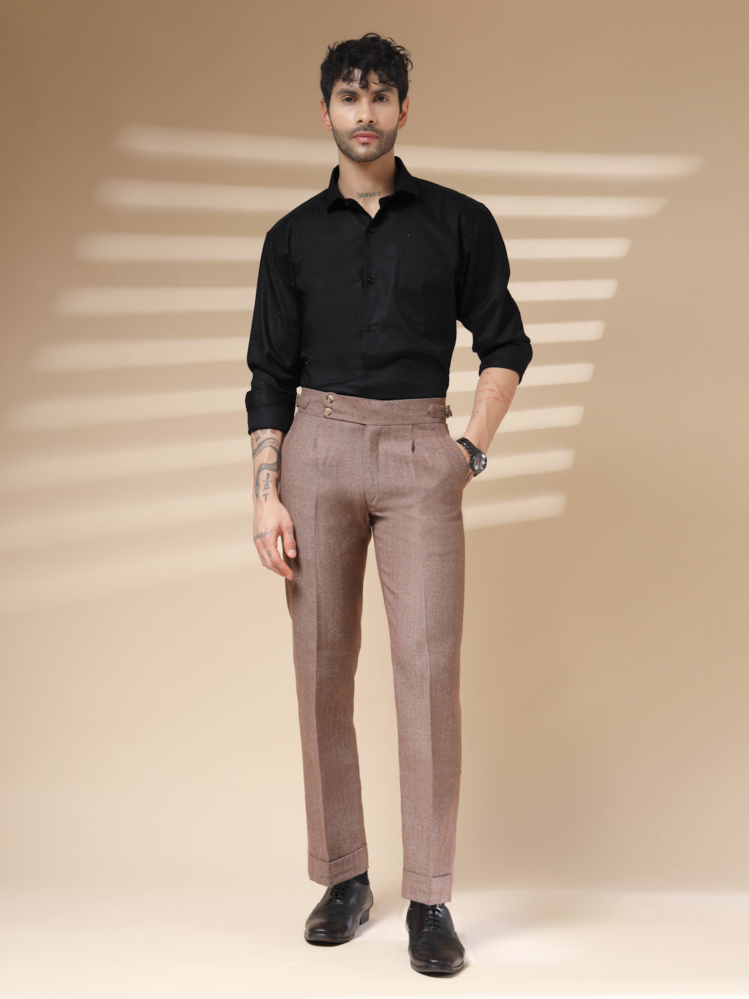 Khakhi Signature Buttoned Herringbone Gurkha Pants | Boot Cut Fit by ITALIAN VEGA®